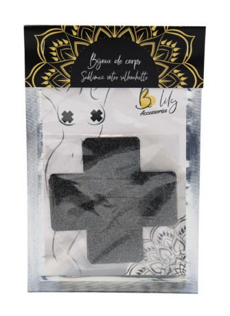 Paire de cache tétons adhésifs croix pailletée noir - NP-1048BLK